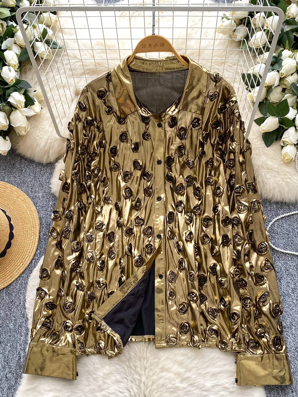 

Faionable Long Sve Women's irt Spring 2025 New High-End Feeling Tee-Dimensional Flower Collar Bright Top