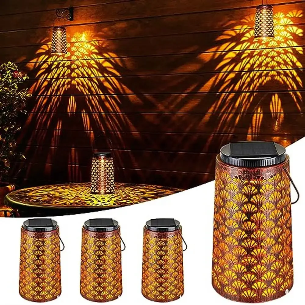 Outdoor Solar Lanterns 4 Pack Retro Hollow Design Solar Hanging Lights with Cute Shell Patterns 2 Lighting Modes Auto Working