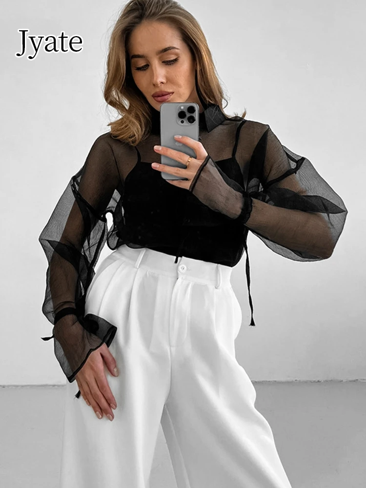 

Jyate Black White Mesh Elegant Shirts Women Turn Down Collar Thin Perspective Blouses Elegant Puff Sleeves Office Ladies Tops