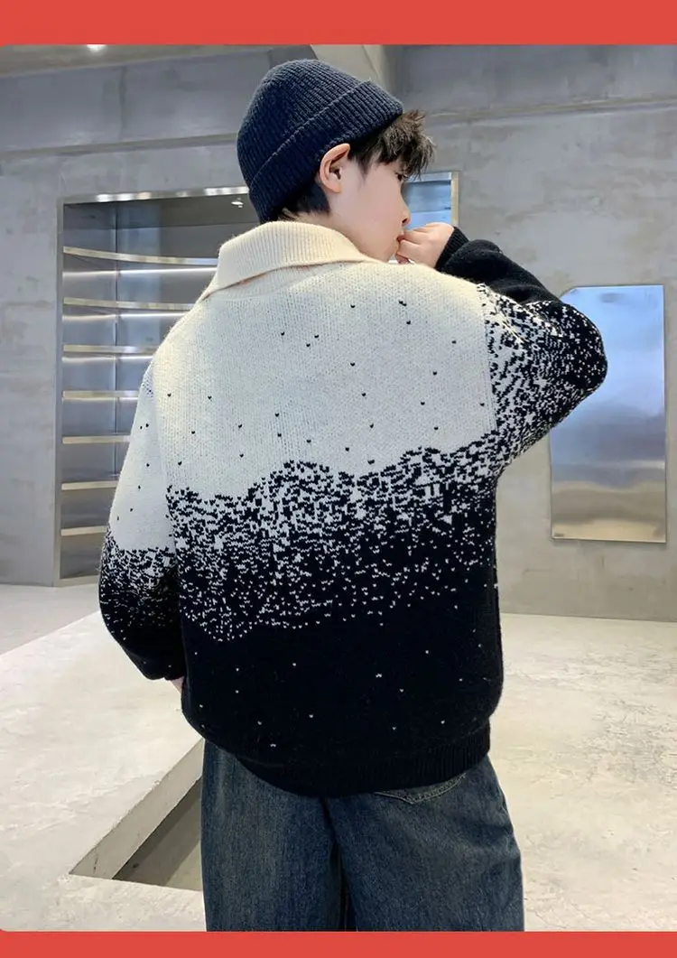 Kinder-Streifen-Polopullover mit halbem Reißverschluss für Jungen, Frühling, High-Street-Strickwaren, Teenager, Kinder, modische Strickpullover-Outfits – Detail 12
