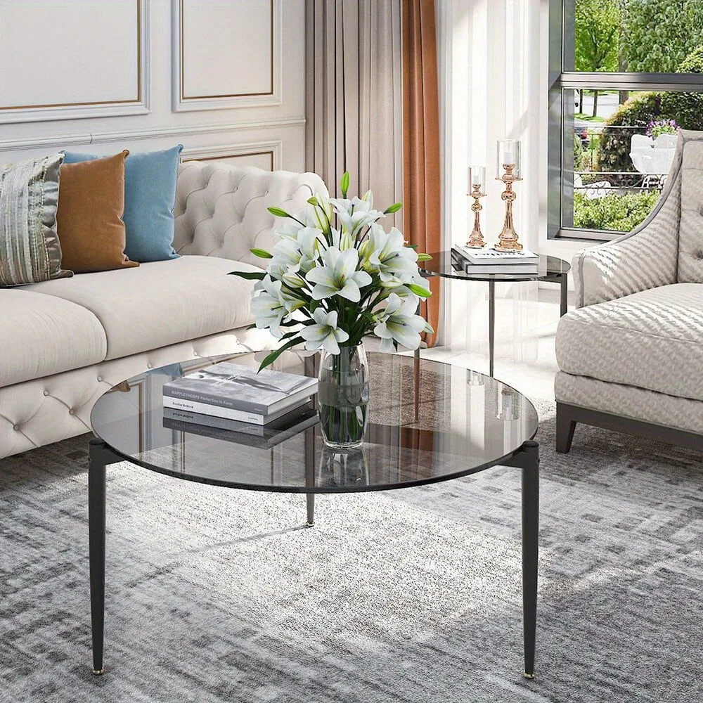 Mid Century Round Glass Coffee Table Center Table w/ Chic Clean Line Metal Legs