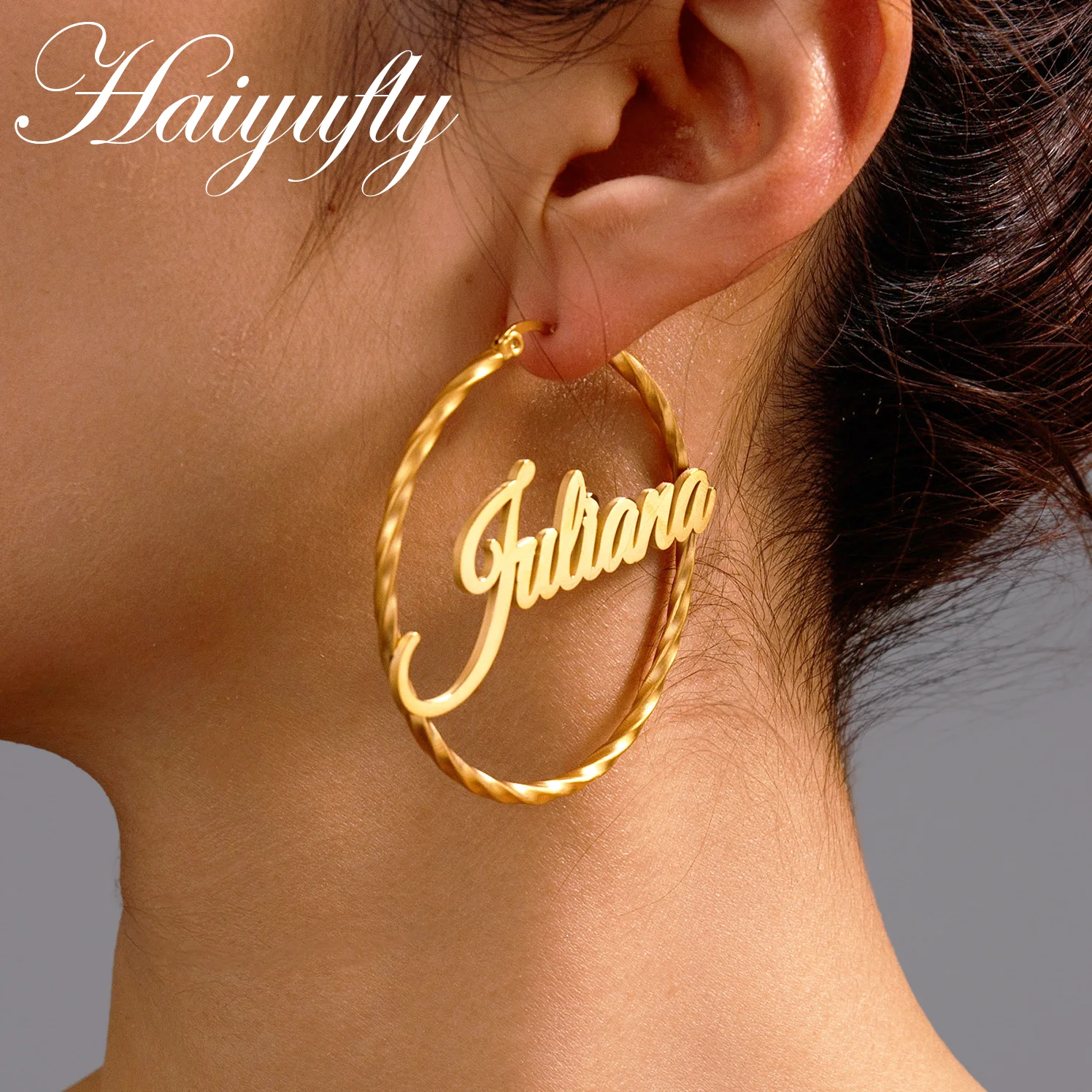 

Haiyufly Personalized Custom Name Earring for Women Twisted Wire Ear Loops Stainless Steel Mother Kids Birthday Jewelry Gift