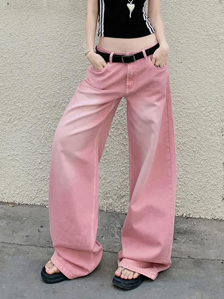 

American Retro Pink Wide Leg Baggy Jeans For Women Y2K Streetwear 2025 Fashion Casual Loose Denim Pants Summer Thin Trousers