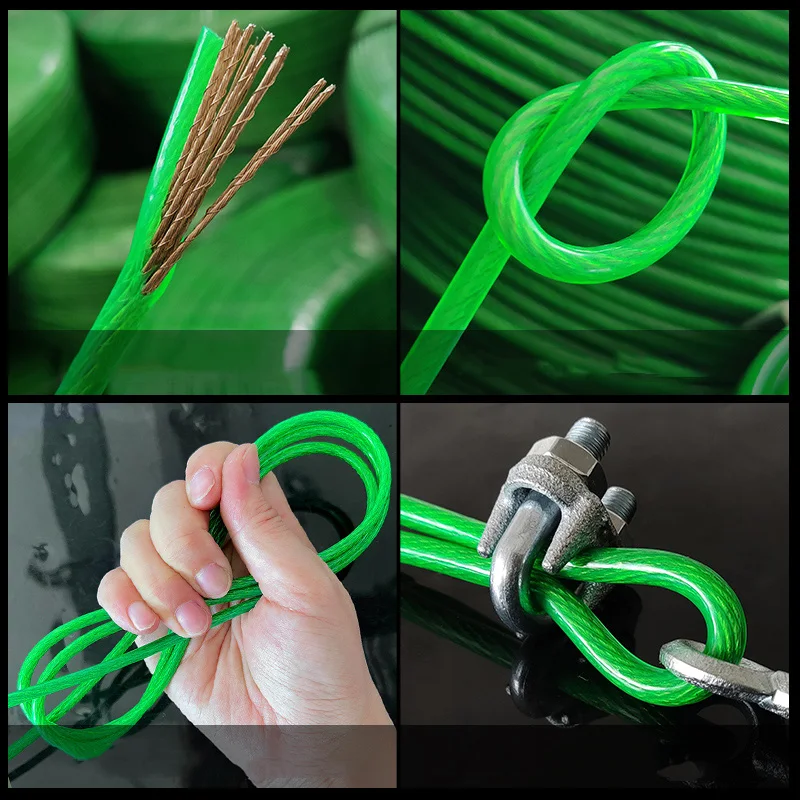 1-10M Dia 2-10mm Green PVC Coated Steel Wire Galvanized Steel Stranded Wire Rope Soft Cable Clothesline Outdoor Traction Rope