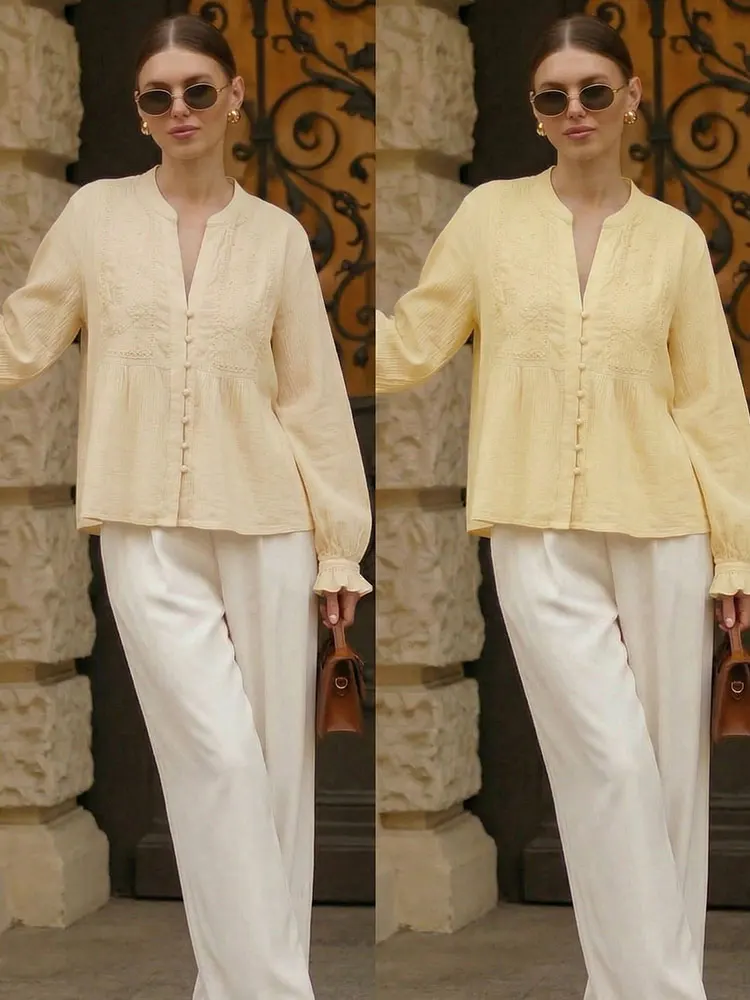 HH Fashion Damen Casual Einfarbige Bluse V-Ausschnitt Puffärmel Knopfhemden Sommer Elegante Damen Urlaub Strand Y2K Chic Tops