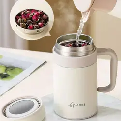 GIANXI Women Pure Color Concise Large Caliber Thermos Cup Winter Large Capacity Water Cup Tea Water Separation Strap Handle Cup