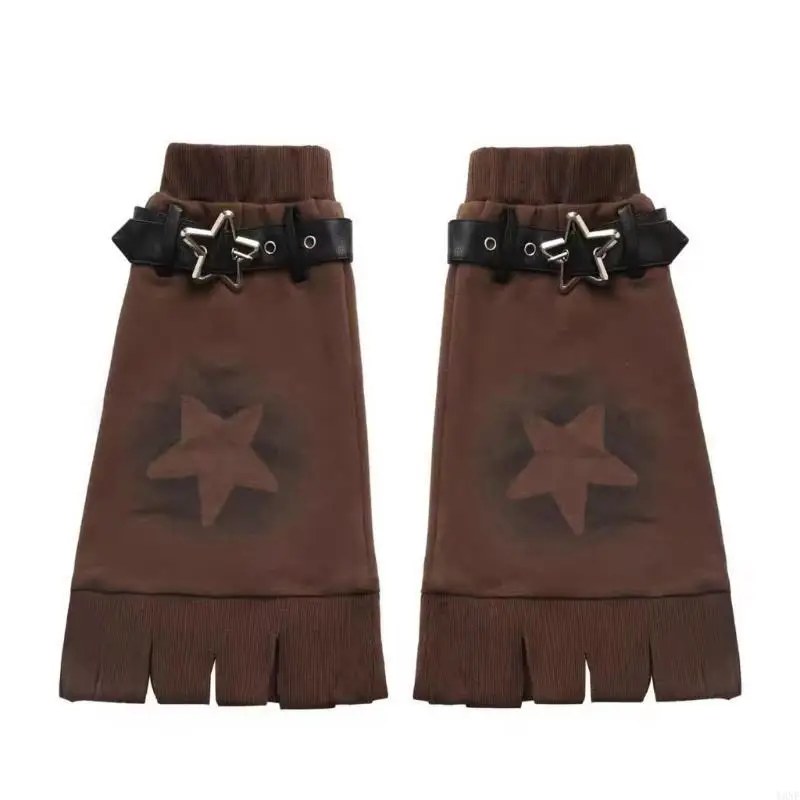 Y3ne braune Sternmuster Beinwärmer mit verstellbarem Lederschnalle -Riemen für Frauen Punk Bein bedeckt footlose Socken