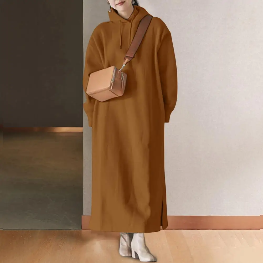 فستان نسائي برباط سادة وأكمام طويلة فستان بقلنسوة بحاشية جانبية وحاشية سميكة وبطانة من الصوف مع قلنسوة فستان ماكسي للسيدات