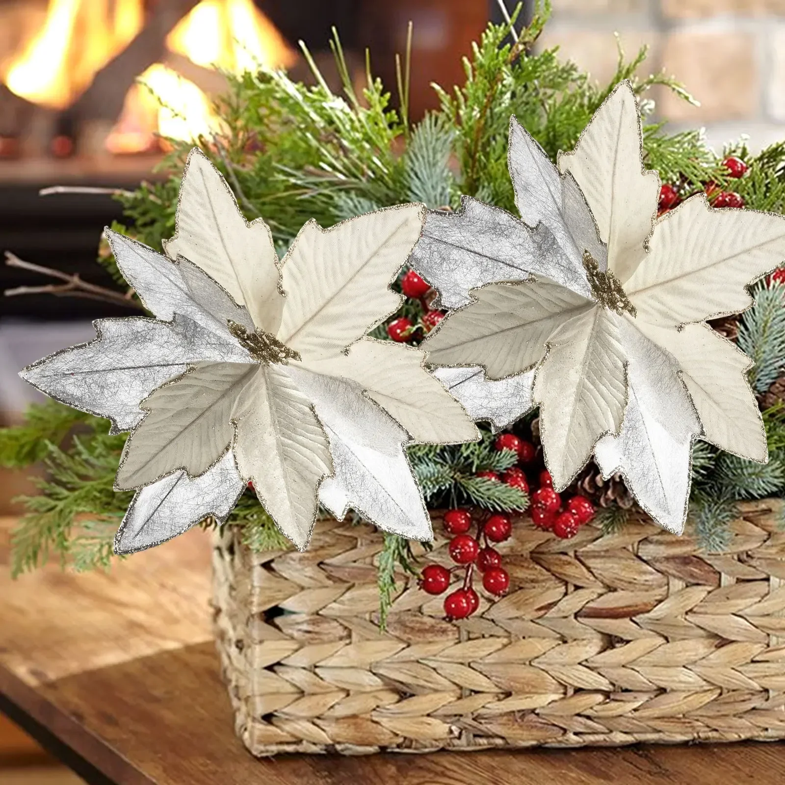 Flor navideña con purpurina de Pascua, tela de 30cm + decoración perfecta de plástico para árbol de Navidad, fiesta en casa, boda