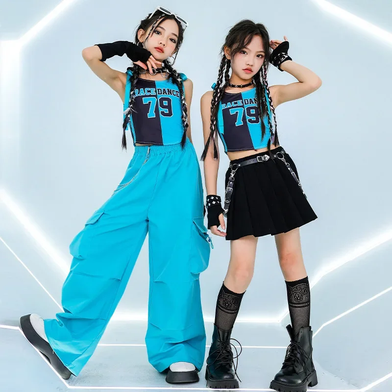 

Girls Kpop Outfits Jazz Dance Costume Kids Blue Vest Pants Cool Skirt Hip Hop Clothing Teenagers Concert Stage Performance Suits