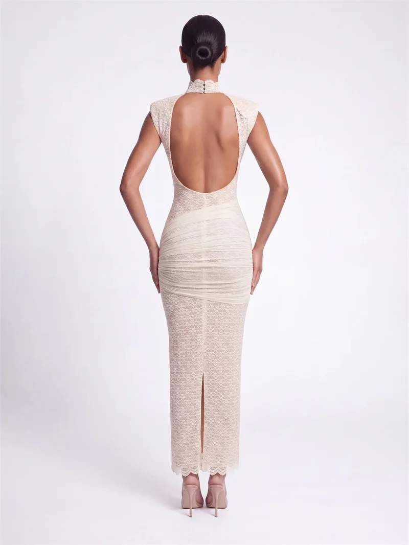 Beige Lace Prom Dress Sexy High Neck Backless Sleeveless Long Sheath Party Gown Slim‑Fit Casual Daily Birthday Evening Robe - view 3
