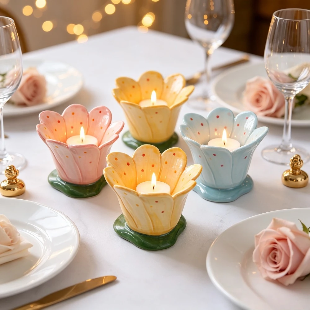 Cute Flower Shaped Ceramic Tealight Candle Holder Hand Painted Floral Candlestick for Home Table Ornament