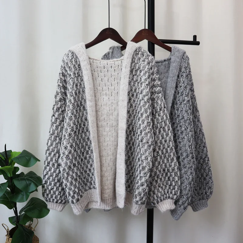 

Women Autumn Winter New Hooded Sequin Design Knit Cardigan Loose Slouchy Style Thickened Sweater Coat