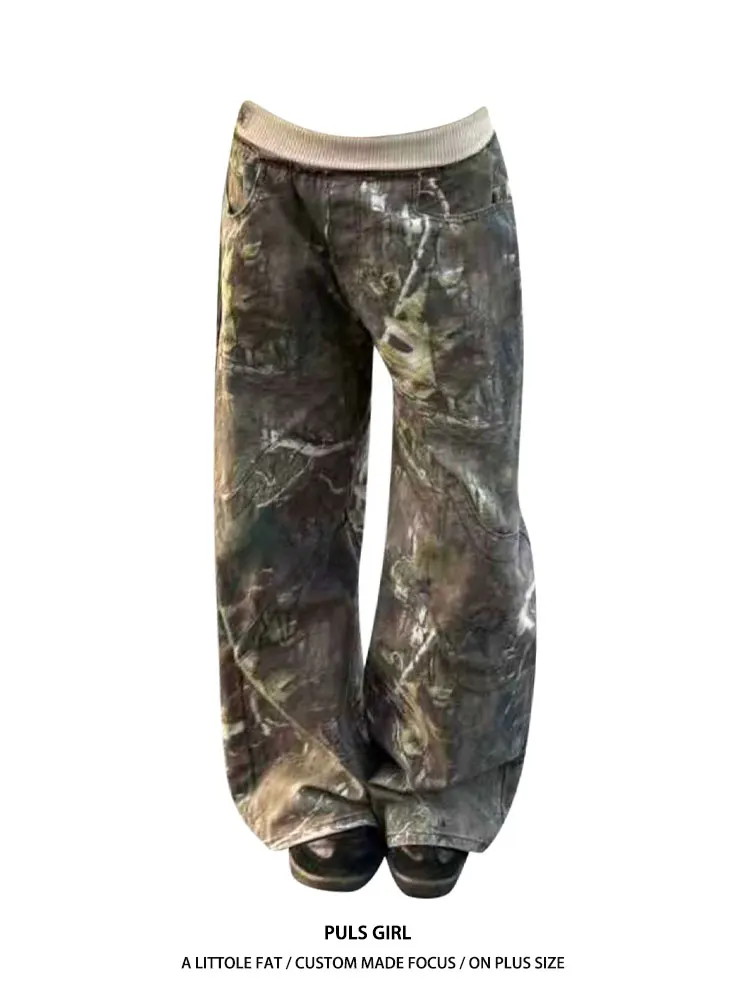 

Женские джинсы больших размеров в американском ретро-стиле, с эффектом потертости, с ребристой отделкой на талии, камуфляжные, свободного кроя, с высокой талией, повседневные, длинные брюки