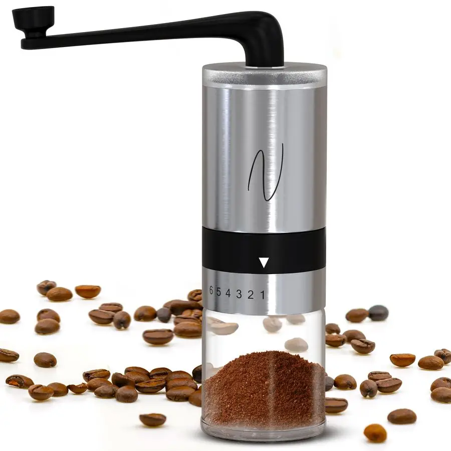 

Coffee Grinder Hand Crank Burr Coffee Bean Grinder, 6 Grind Settings for Espresso, French Press amp Pour Over Quiet, Portable, D
