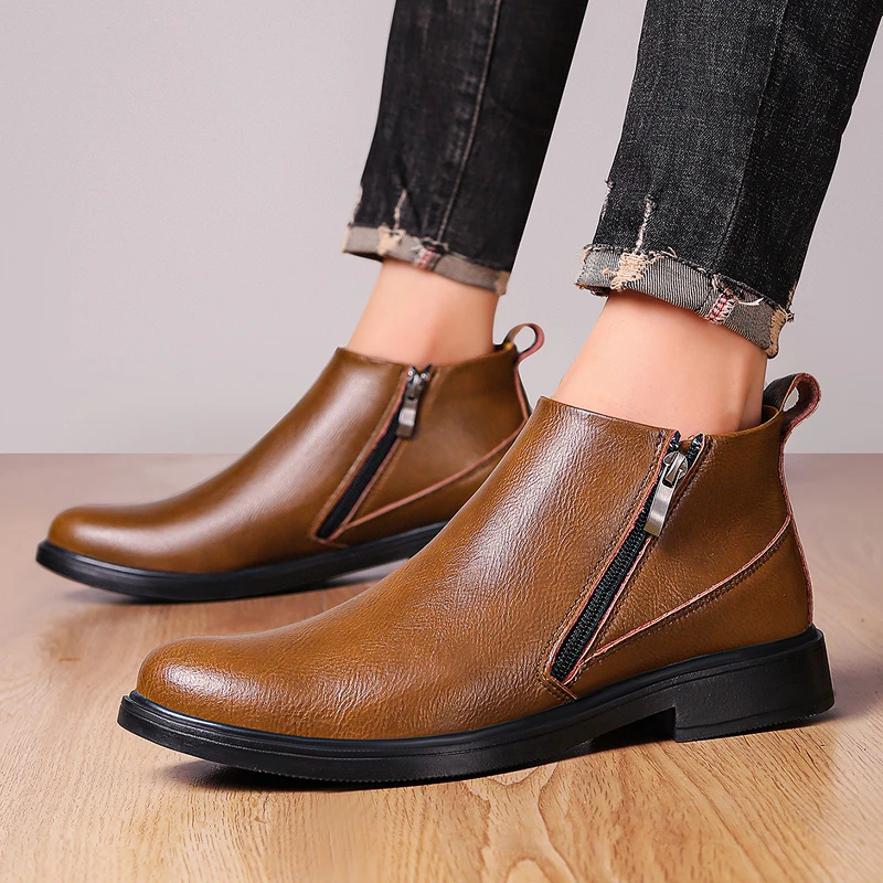 Big Size Winter Fur Snow Boots Men's High Top Leather Casual Shoes Warm Plush Thermal Insulated Fleece Lined Ankle Boots Outdoor