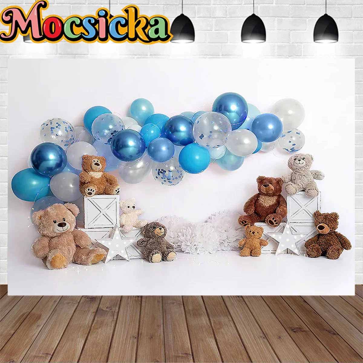 

Mocsicka Brown Bear Gift Decoration Birthday Backdrop Kids Boy Cake Smash Blue Balloon Photography Studio Background Photobooth