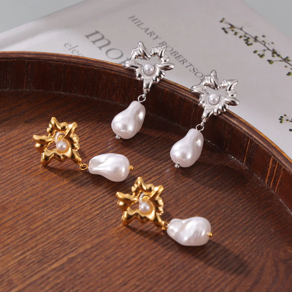 JINDOOR Titanium with 18K Gold Plated Shaped Heart Baroque Pearl Drop Earrings For Girls Vintage Trend Silver Earrings