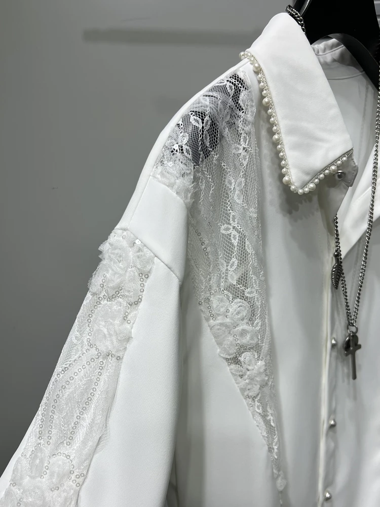 2025 Summer New Original Personalized Tops Male Chic Lace Splicing Handmade Bead Lapel Handsome Shirts Long Sleeve Design Shirt
