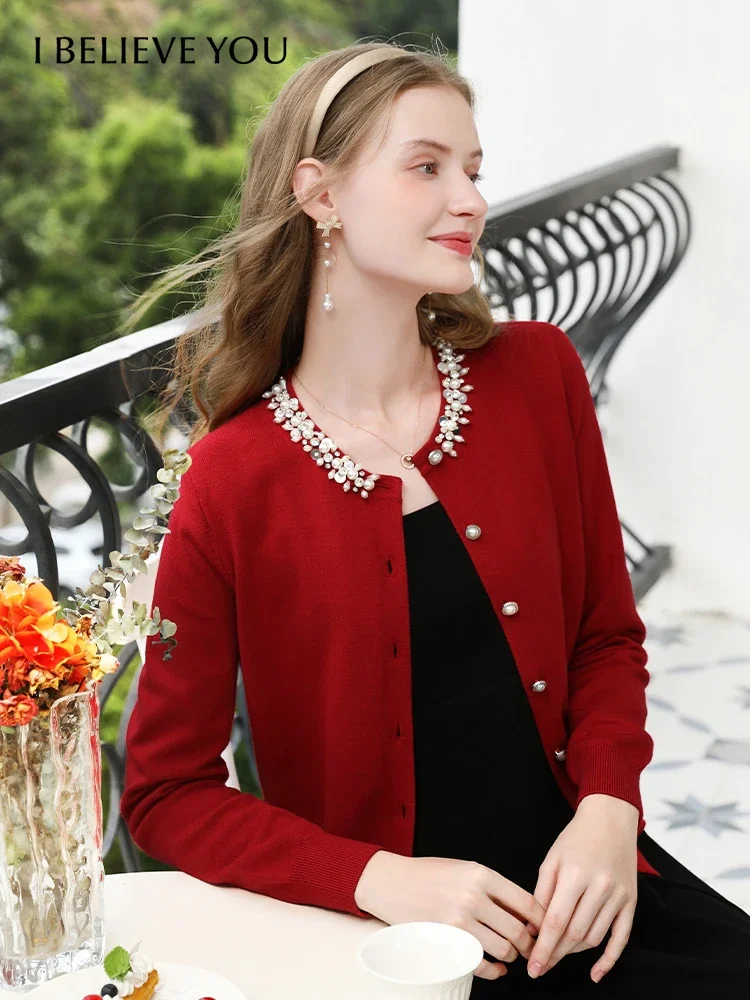 I BELIEVE YOU Red Knitted Cardigan Women Waist Sweater Fall Clothes 2024 Women Office Lady Casual Basics Jackets 2243145911