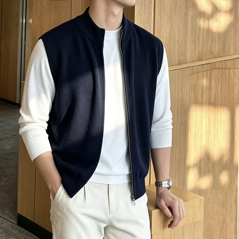 New Trendy Stand Collar Cardigan Vest for Men 2026 Autumn Classic Zipper Sweater Causal Sleeveless Clothes Knitwear