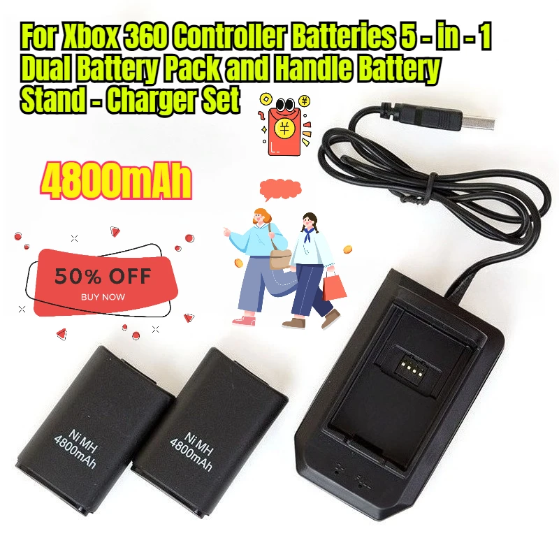 

4800mAh for Xbox 360 Controller Batteries 5 - in - 1 Dual Battery Pack and Handle Battery Stand - Charger Set