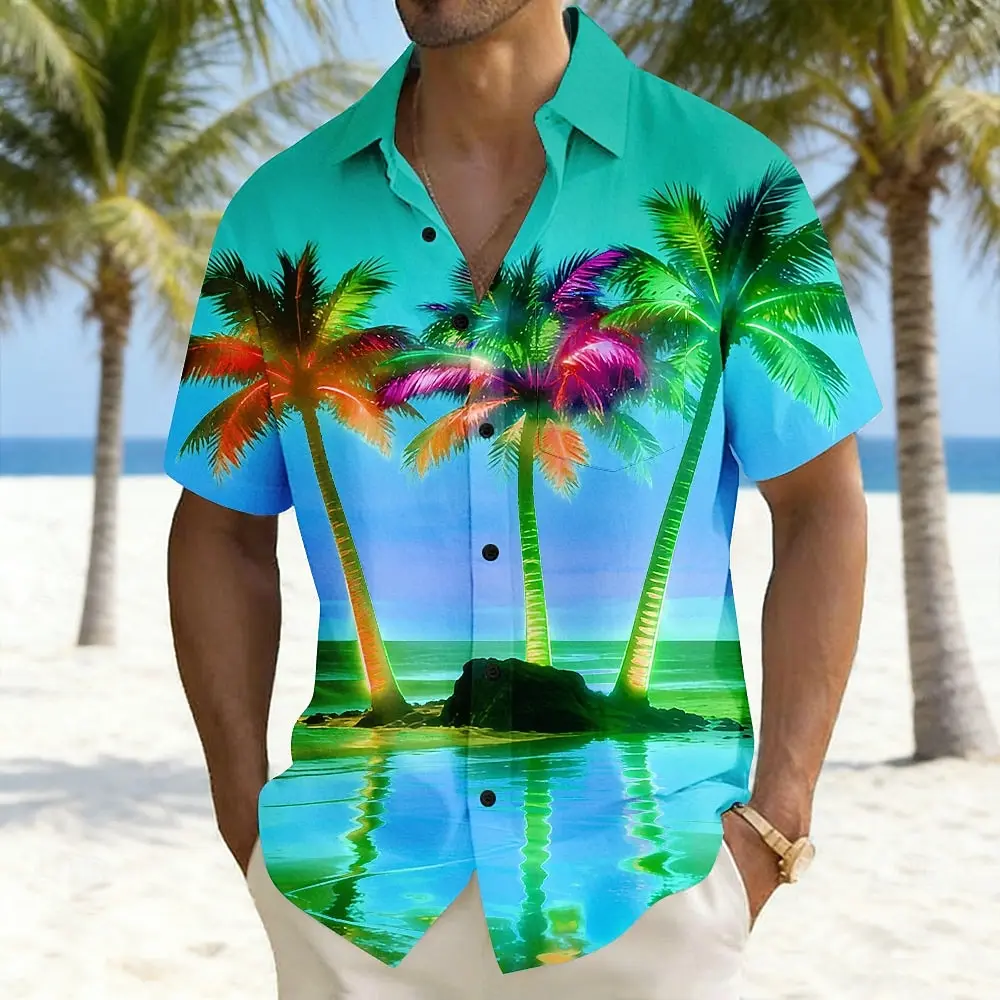 2026 Unisex Coconut Tree Landscape Neon Illuminated Printed Shirt Hawaiian Shirt Short Sleeved Summer Vacation Outfit