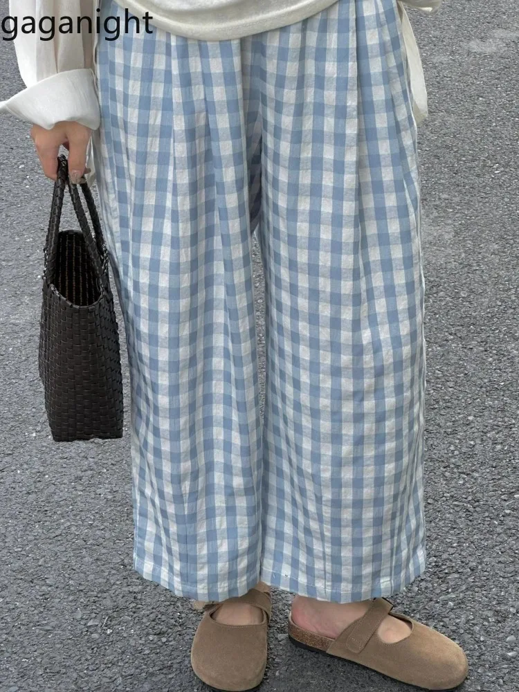 

Gaganight Plaid Pants Women Spring 2025 Fashion Stretch High Waist Loose Sweet Ankle Length Trouser Female Casual Jogger