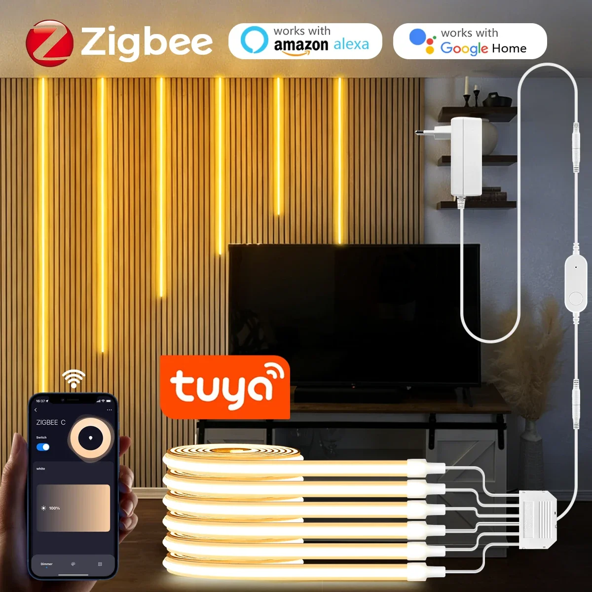 

Smart Zigbee COB Neon LED Strip Kit 1-6PCS with Voice Control via Alexa Google Assistant Dimmable Silicone LED Light for Bedroom
