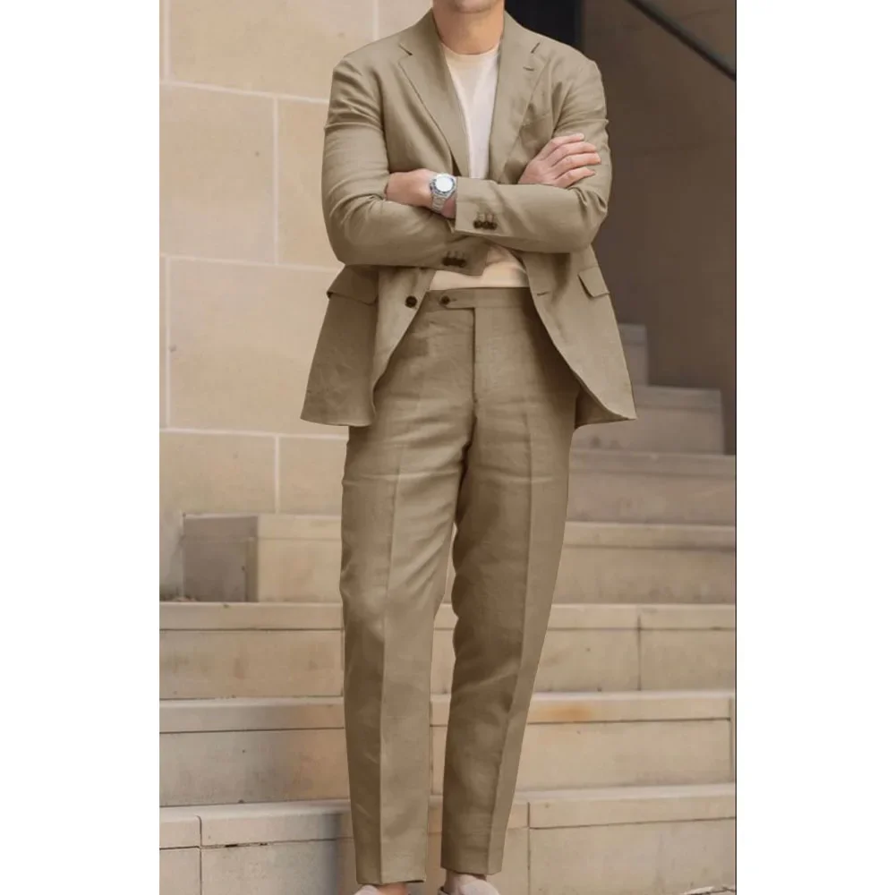 2025 New Men's Suit Groom's Dress Two-piece Linen Fabric Summer Breathable Slim Fit Elegant and Fashionable Fashion