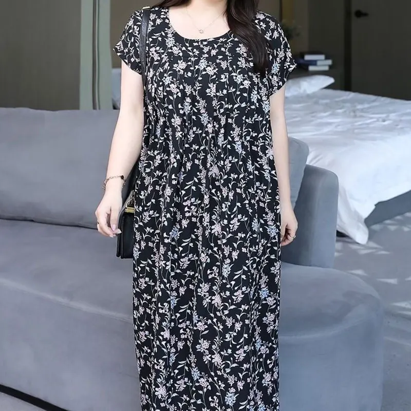 Vintage Broken Flowers Printed Long Dress Female Clothing Fashion Spliced Summer Casual Loose Straight All-match O-Neck Dresses