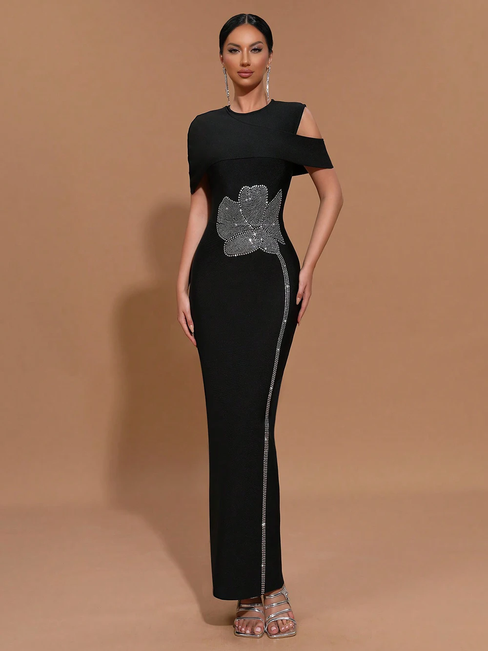 Modphy Black Women Sexy Short Sleeve Shining Rhinestones Bodycon Long Bandage Dress Elegant Evening Bithday Party Cocktail Wear