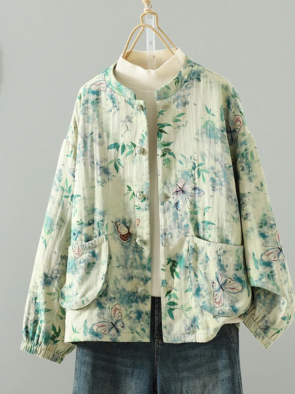 Authentic Vintage Button Print Cotton Linen Jacket Autumn Winter Casual Versatile Stand Collar Shirt Women's Short Outerwear
