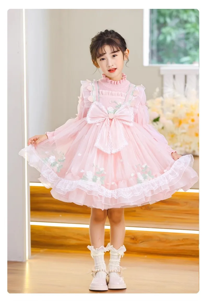 Girls Lolita Floral Sweet Dress New Kids Long Sleeve Princess Birthday Party Children Clothing knit Winter Costume 3 4 5 6 8 10Y