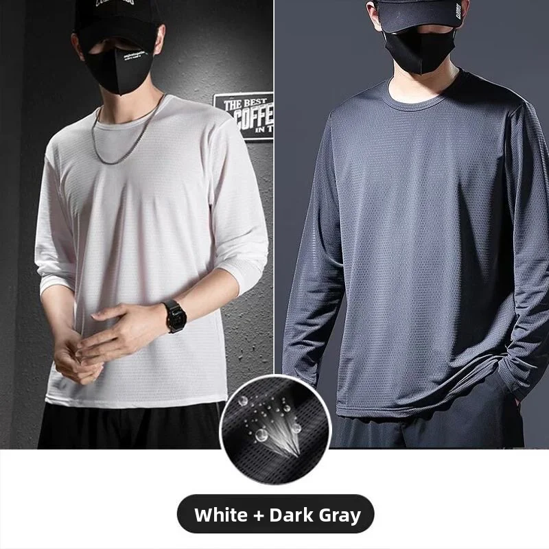 Ice Silk Long Sleeve Work T-Shirt Men's Summer Thin Quick Dry Breathable Outdoor Sun Protection Air Conditioning Base Shirt