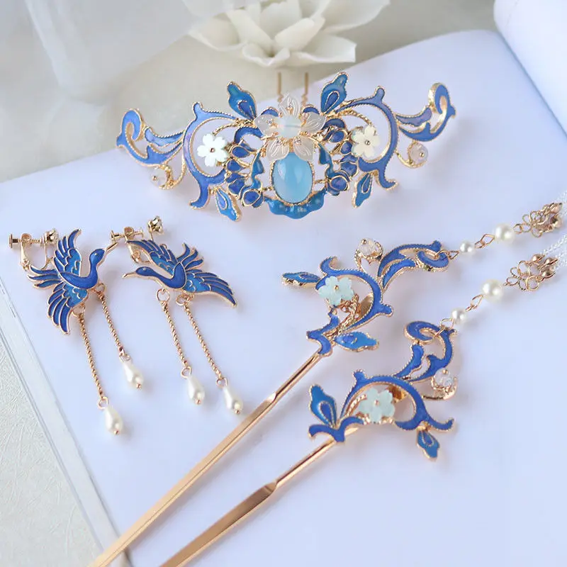 Chinese Hanfu Hair Crown Antique Blue Flower Beads Tassel Hair Accessories Headdress