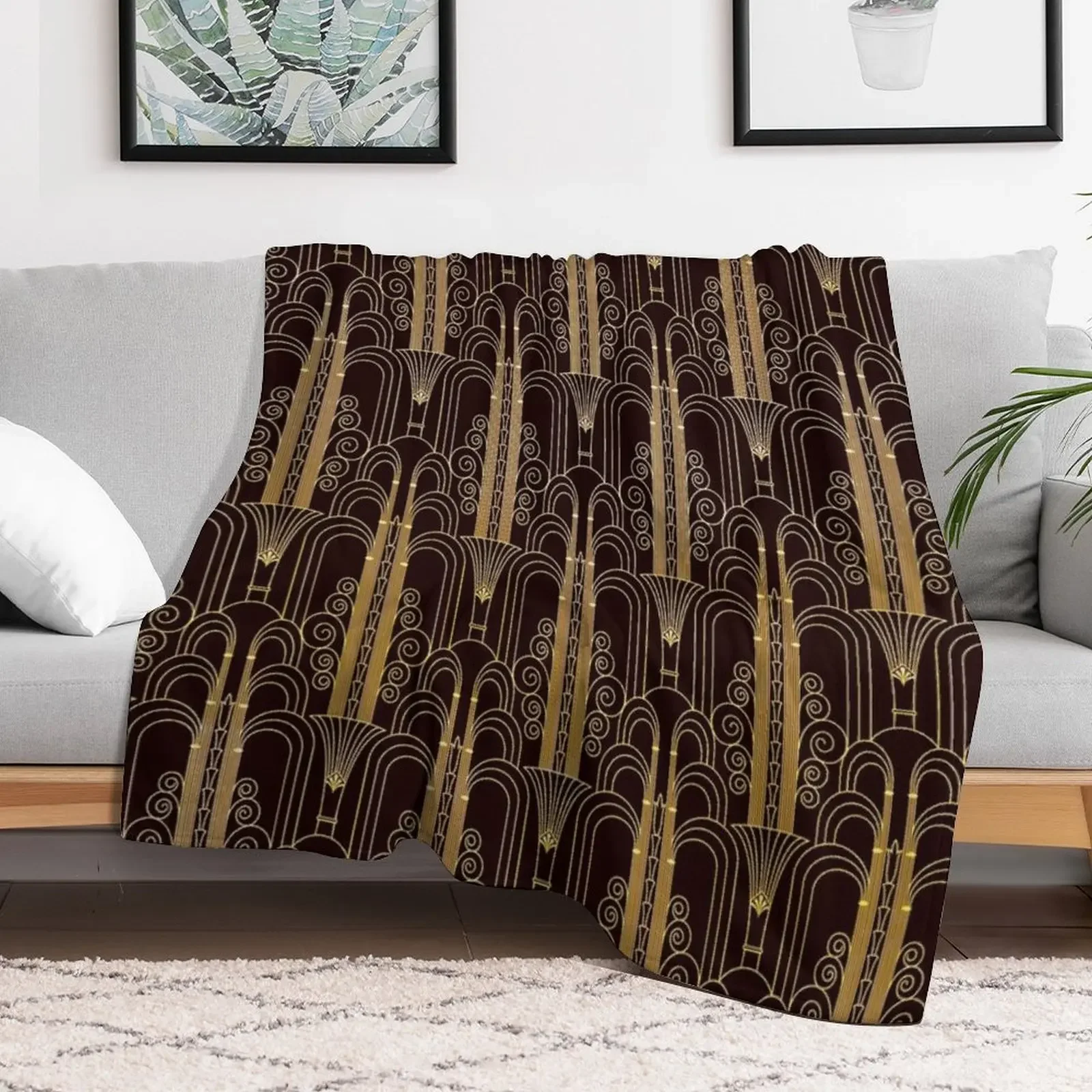 Glamorous Gold-Color Art Deco Pattern Throw Blanket Warm Comfortable Blanket Gift for Parents Friends