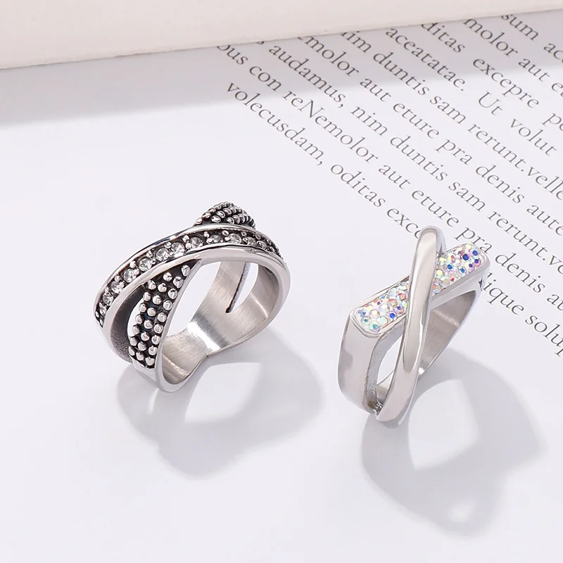 Vintage Rings for Women Girls Intersect Cross Silver Color Stainless Steel Rhinestone Knuckles Charm Women Rings Trendy Jewelry