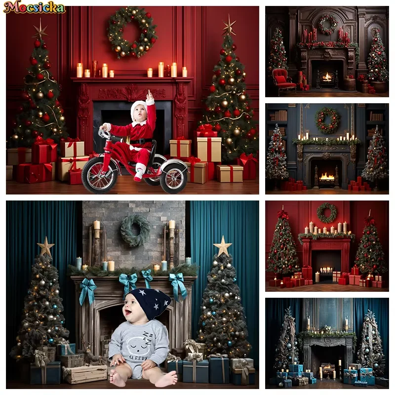 

Mocsicka Christmas Fireplace Wall Backdrop For Photography Children Photo Background Wallpaper Props Xmas Tree Gift Decor Banner