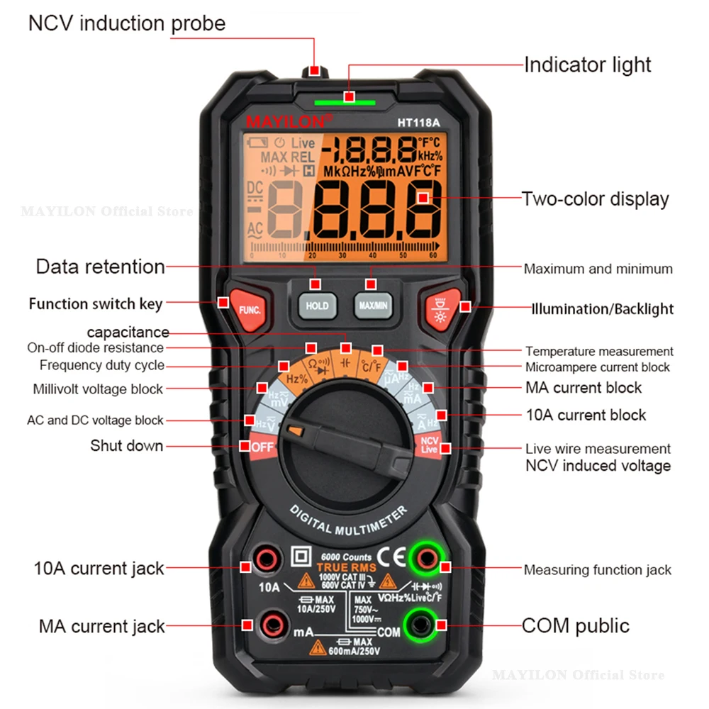 MAYILON HT118A/C/D Digital Multimeter Input Jack LED Indicator AC/DC Ammeter Voltmeter Hz Ohm Continuity Electrical Multi Tester