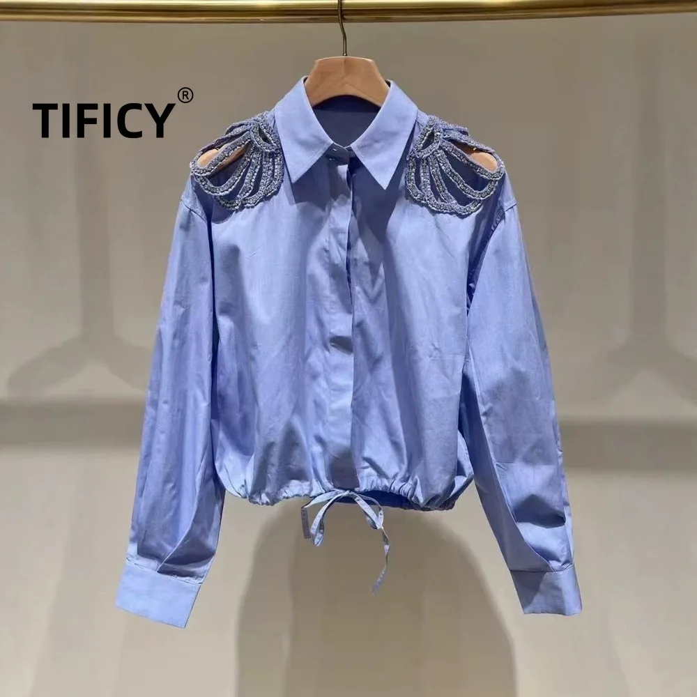 High Street Shirts Tops Women's Spring Shoulder Hollowed Out Rhinestone Blue Drawstring Waist Cinched Lapel Long Sleeved Shirt