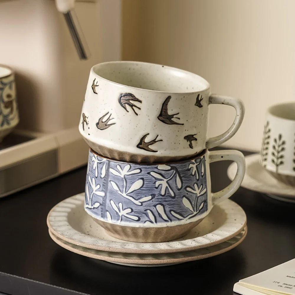 300ml Vinatge Ceramic Coffee Cup and Saucer Porcelain Light Luxury Restaurant Homehold Drinkware Set Hot Milk Tea Cup Saucers