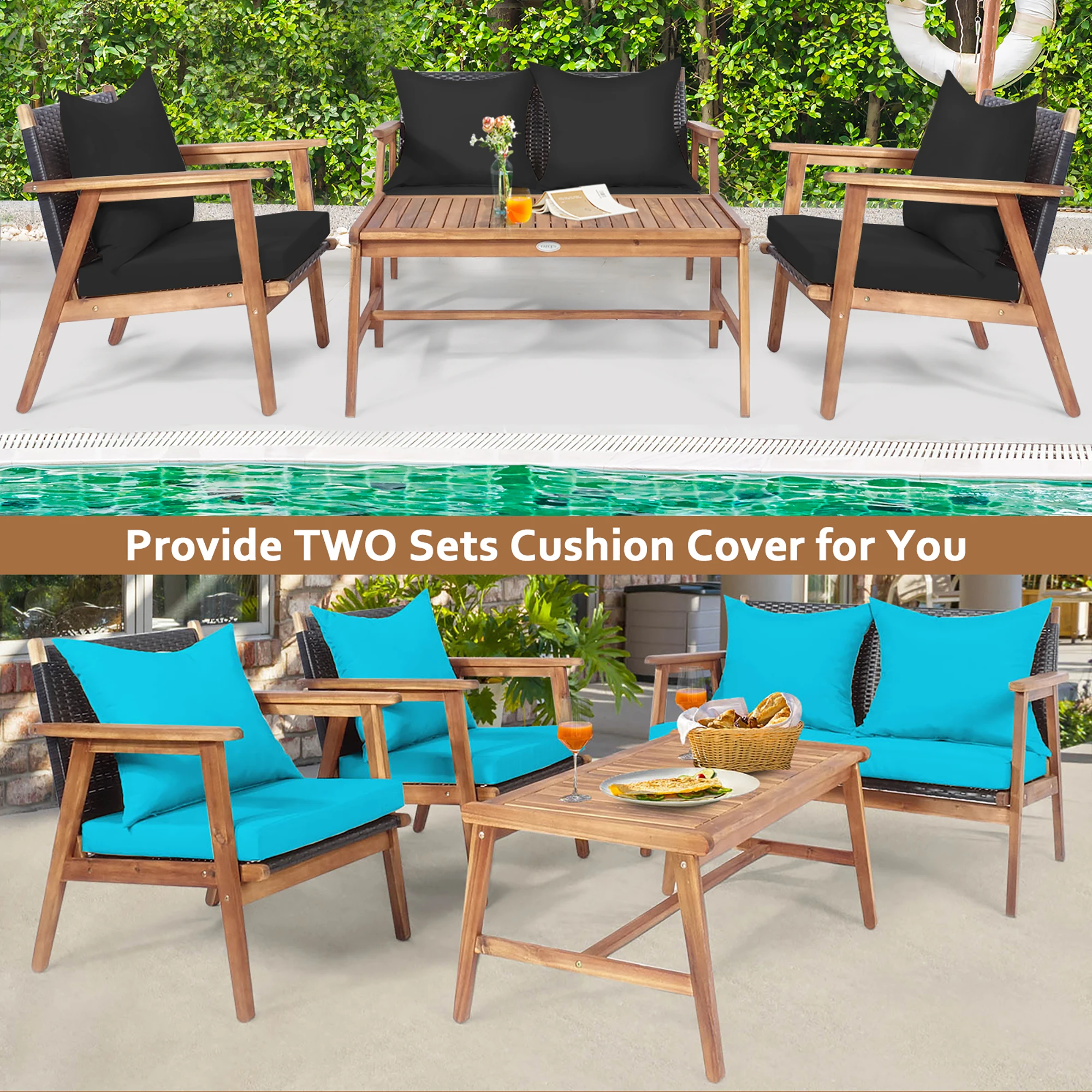 Sofá almofadado de madeira com capa preta e turquesa, Rattan Furniture Set, Pátio, 8Pcs