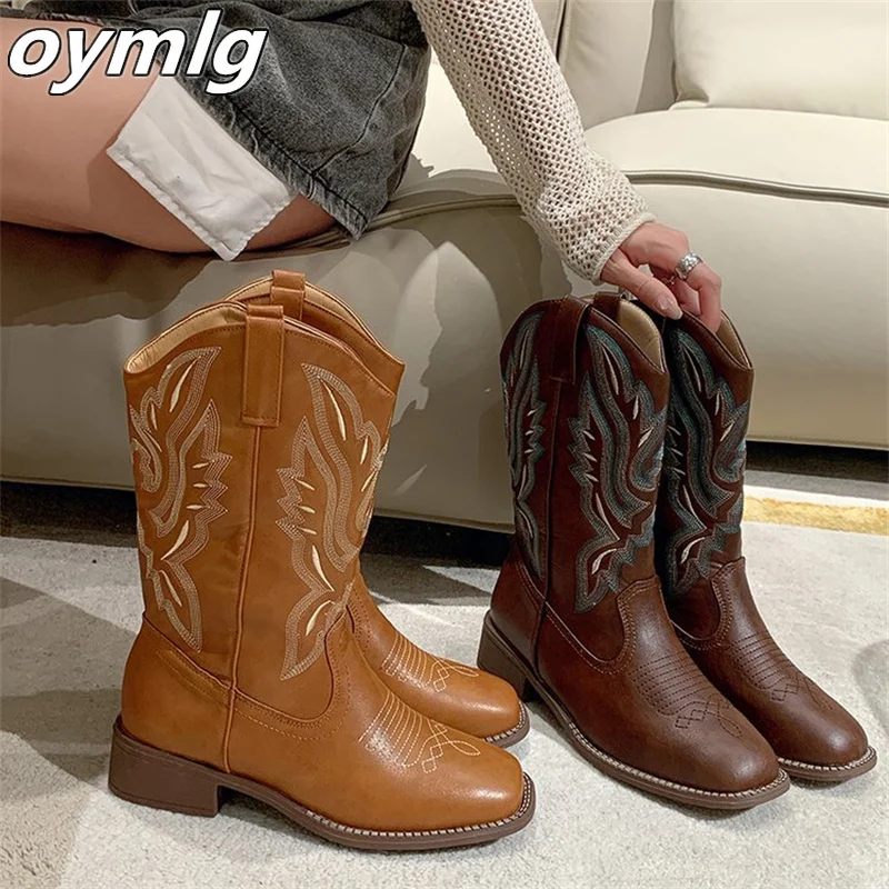 2024 New Coarse Heel Western Cowboy Boots V-neck Embroidered Sleeve Knight Boots Retro Mid Cap Square Head women boots