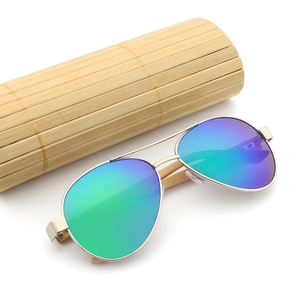 Bamboo Wood Temple Double Bridge Shades Mosaic Color Legs Mirrored Lens Big Frame Sunglasses Metal Front Frame Gradient Tint