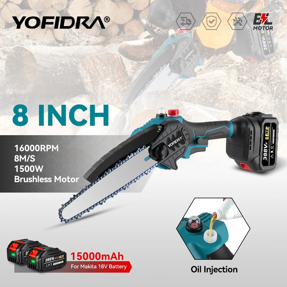 8 Inch Brushless Electric Saw Cordless Oiler Handheld Garden Wood Cutting Logging Chainsaw Power Tool for Makita 18V Battery