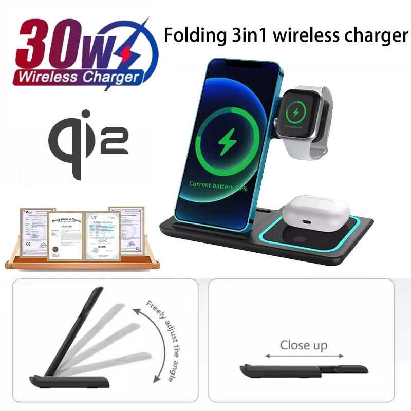 Multi-functional 15W Output Power Wireless Charger Universal Mobile Phone Fast Charging 3 in 1 Foldable Wireless Charger
