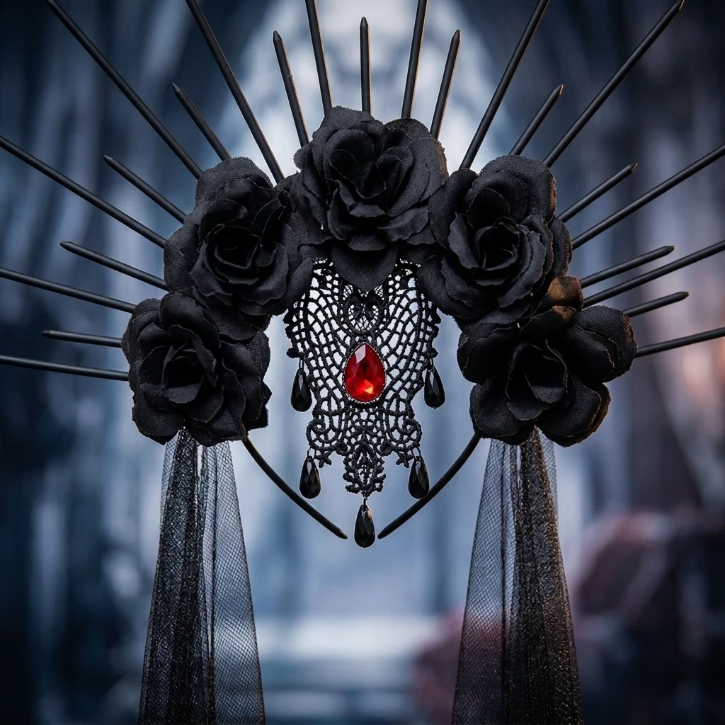 Gotische Rosenkrone mit schwarzen Stacheln, Tiara, Schleier, Halloween-Kostüm, Haardekoration, Dunkle Königin, Cosplay, Maskerade-Party für Frauen, Erwachsene, Abschlussball – Detail 1