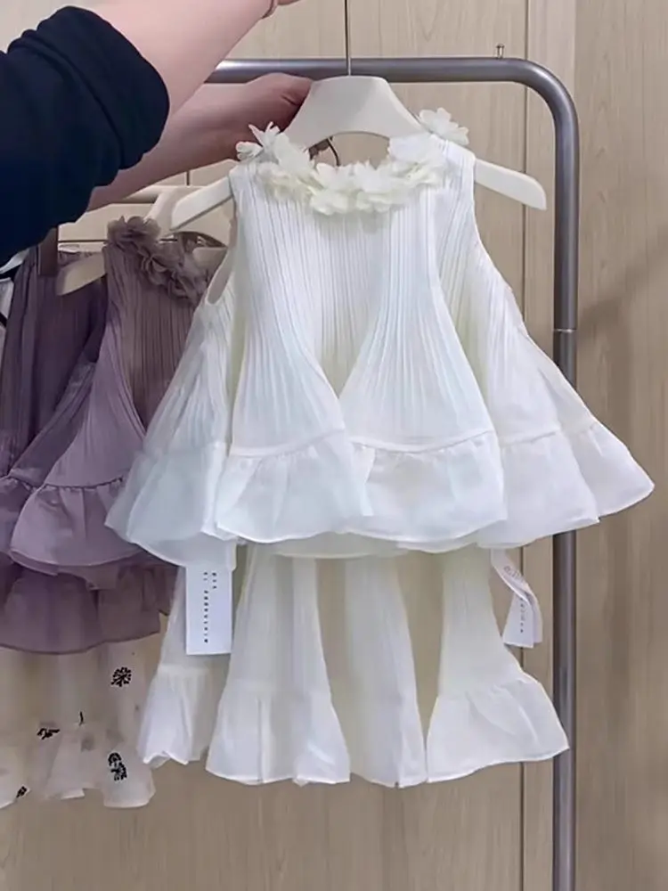 Girls' Summer Set New Children's French Design Three Dimensional Flower Sleeveless Vest Top Skirt 2-piece Set