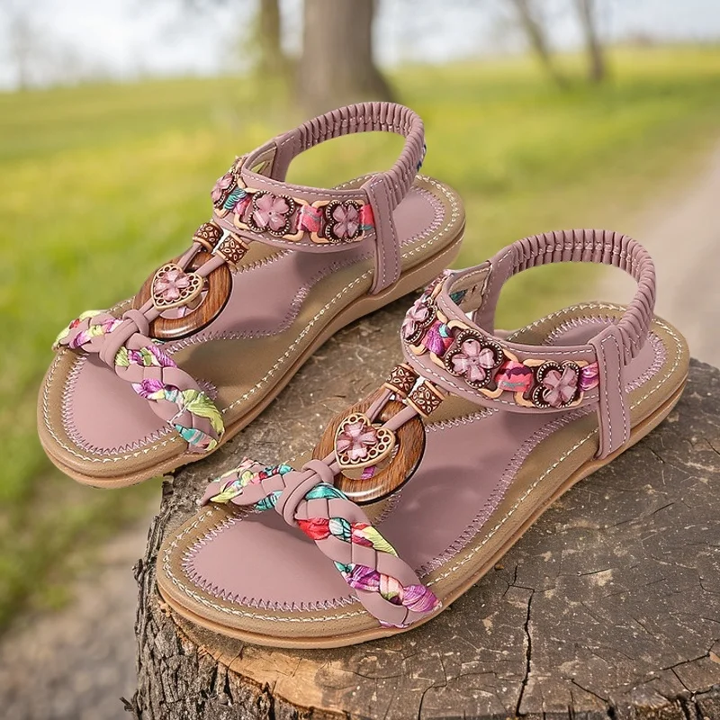 Sandalias romanas para niñas, zapatos de playa de verano para niños, nuevas sandalias planas con lentejuelas y diamantes de imitación para niños, sandalias rosas con punta abierta para chico